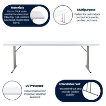 BTExpert 8-Foot 96" long White Plastic Folding Seminar Training Table Portable 18" Wide narrow, 29" High, events indoor outdoor lightweight Commercial Heavy Duty Set of 5