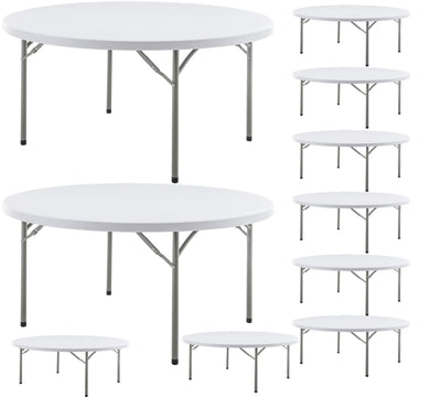 BTEXPERT White 5 Ft 60inch Round Plastic Folding Table Full Top Commercial Portable For Banquet Dining Wedding Party Events Home Kitchen Patio Backyard Indoor Outdoor, Set of 10