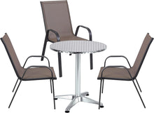 BTExpert Indoor Outdoor 27.5" Round Restaurant Table Stainless Steel Silver Aluminum + 3 Brown Flexible Sling Stack Chairs Commercial Lightweight