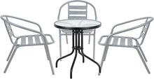 BTExpert Indoor Outdoor 23.75" Round Tempered Glass Metal Table Black + 3 Silver Gray Restaurant Metal Aluminum Slat Stack Chairs Lightweight