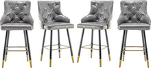 BTEXPERT Set of 4 Premium upholstered Dining 33" High Back Stool Bar Chairs, Gray PU Leather Tufted Gold Nail head Trim