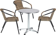 BTExpert Indoor Outdoor 27.5" Round Restaurant Table Stainless Steel Silver Aluminum + 3 Brown Restaurant Rattan Stack Chairs Commercial Lightweight