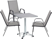 BTExpert Indoor Outdoor 27.5" Square Restaurant Table Stainless Steel Silver Aluminum + 3 Gray Flexible Sling Stack Chairs Commercial Lightweight