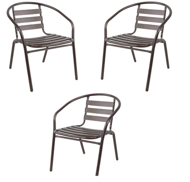 BTExpert Indoor Outdoor Set of 3 Bronze Restaurant Metal Aluminum Slat Stack Chairs Lightweight