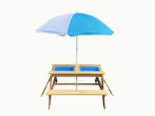 BTExpert Kids 3-in-1 Sand Water Activity Table Wooden Outdoor Convertible Picnic Table Bench Adjustable Umbrella Removable Top 2 Play Boxes Toy Set 37 x 35 in