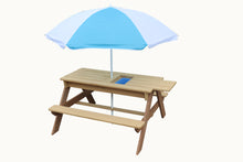 BTExpert Kids 3-in-1 Sand Water Activity Table Wooden Outdoor Convertible Picnic Table Bench Adjustable Umbrella Removable Top 2 Play Boxes Toy Set 37 x 35 in