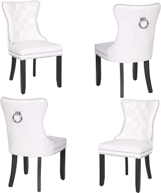 BTEXPERT High-Back White PU Leather Tufted, Solid Wood-Nail Trim, Ring Leisure Side upholstered Dining Accent Chair Set of 4