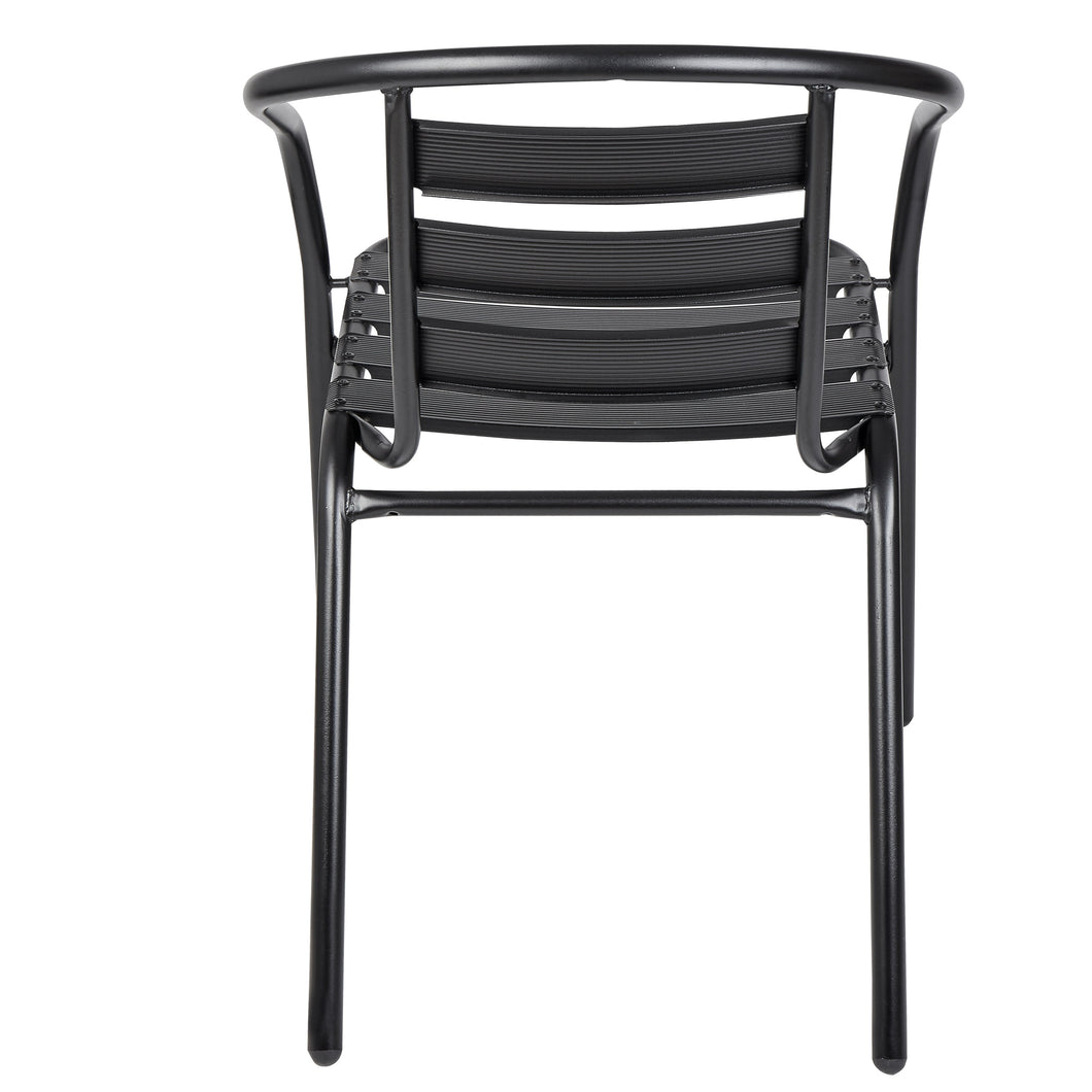 Black metal restaurant stack online chair with aluminum slats