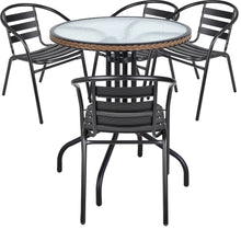 BTExpert Indoor Outdoor 28" Round Tempered Glass Metal Table Brown Rattan Trim  + 4 Black Restaurant Metal Aluminum Slat Stack Chairs Lightweight