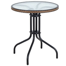 BTExpert Indoor Outdoor 28" Round Tempered Glass Metal Table Brown Rattan Trim + 4 Gray Restaurant Flexible Sling Stack Chairs