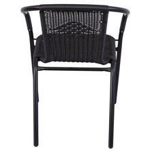 BTExpert Indoor Outdoor 28" Round Tempered Glass Metal Table Black Rattan Trim + 3 Black Restaurant Rattan Stack Chairs