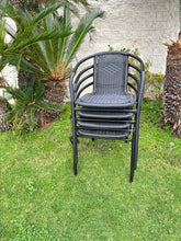BTExpert Indoor Outdoor 28" Square Tempered Glass Metal Table Black Rattan Trim + 3 Black Restaurant Rattan Stack Chairs