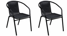 BTExpert Indoor Outdoor 28" Square Tempered Glass Metal Table Black Rattan Trim + 2 Black Restaurant Rattan Stack Chairs