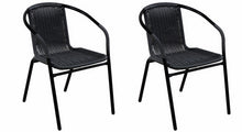 BTExpert Indoor Outdoor 28" Square Tempered Glass Metal Table Black Rattan Trim + 3 Black Restaurant Rattan Stack Chairs