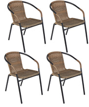 BTExpert Indoor Outdoor 28" Round Tempered Glass Metal Table Brown Rattan Trim + 4 Brown Restaurant Rattan Stack Chairs