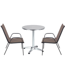 BTExpert Indoor Outdoor 23.75" Round Restaurant Table Stainless Steel Silver Aluminum + 2 Brown Flexible Sling Stack Chairs Commercial Lightweight