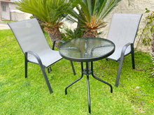 BTExpert Indoor Outdoor 23.75" Round Tempered Glass Metal Table + 3 Gray Flexible Sling Stack Chairs