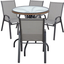 BTExpert Indoor Outdoor 28" Round Tempered Glass Metal Table Brown Rattan Trim + 4 Gray Restaurant Flexible Sling Stack Chairs