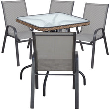 BTExpert Indoor Outdoor 28" Square Tempered Glass Metal Table Brown Rattan Trim + 4 Gray Restaurant Flexible Sling Stack Chairs